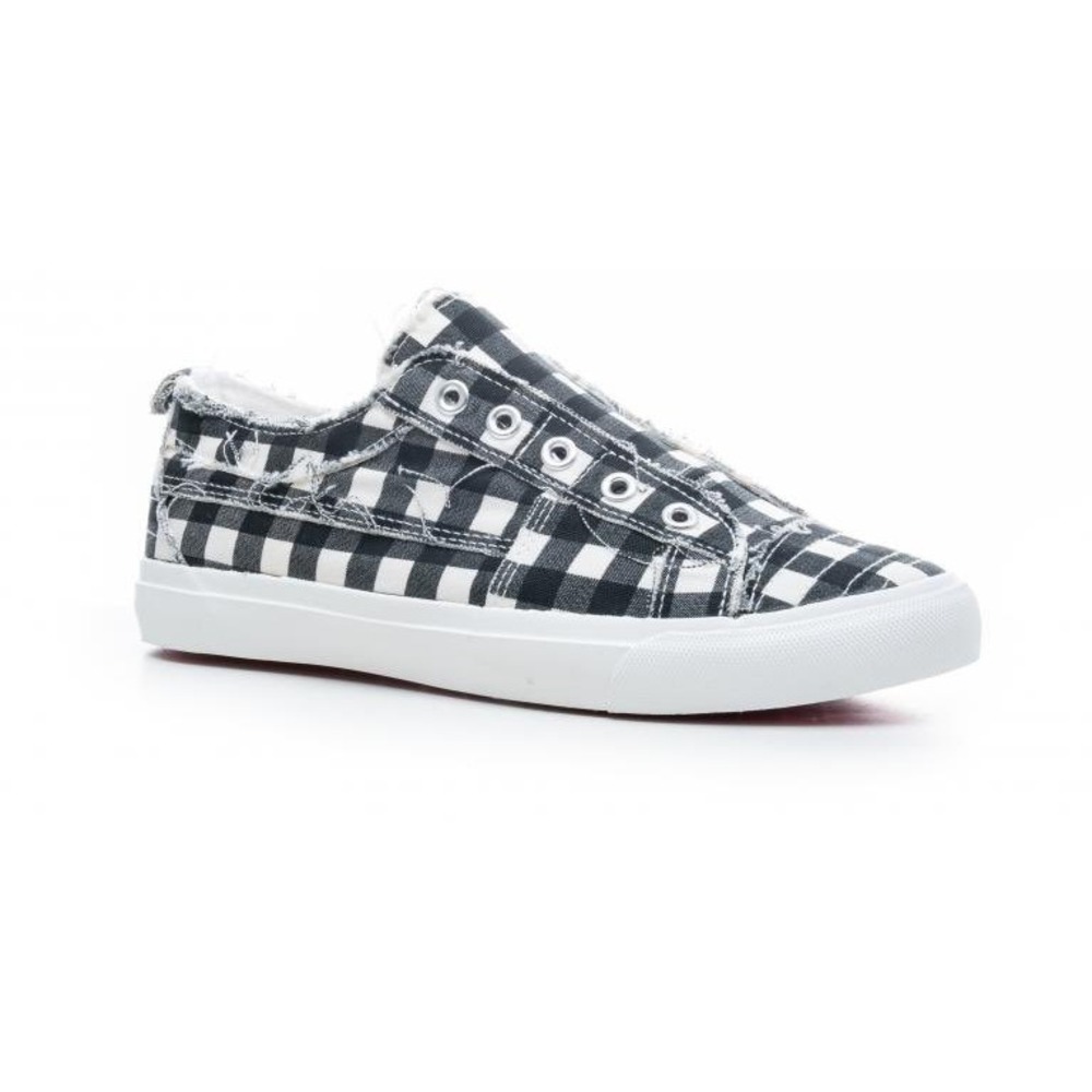 Corkys Women Gingham Slip On Sneakers Black White Distressed Frayed Canvas Flats